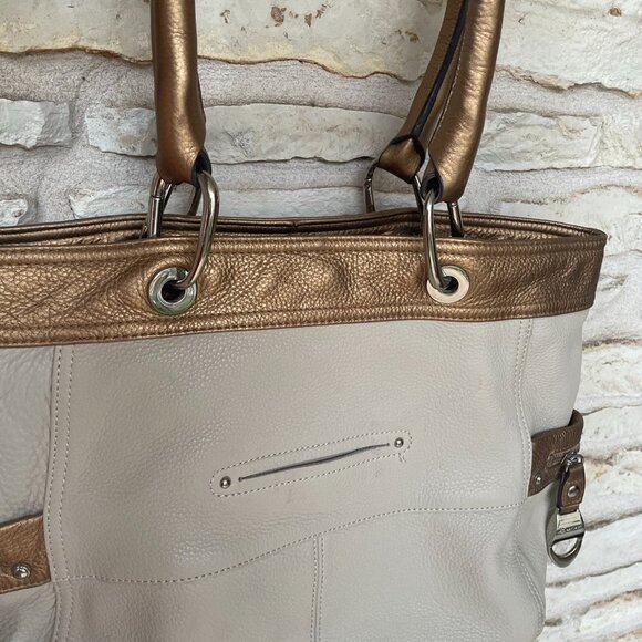 B Makowsky White and Bronze Large Leather Tote/Duffel Handbag Lined NWOT - Picture 2 of 12